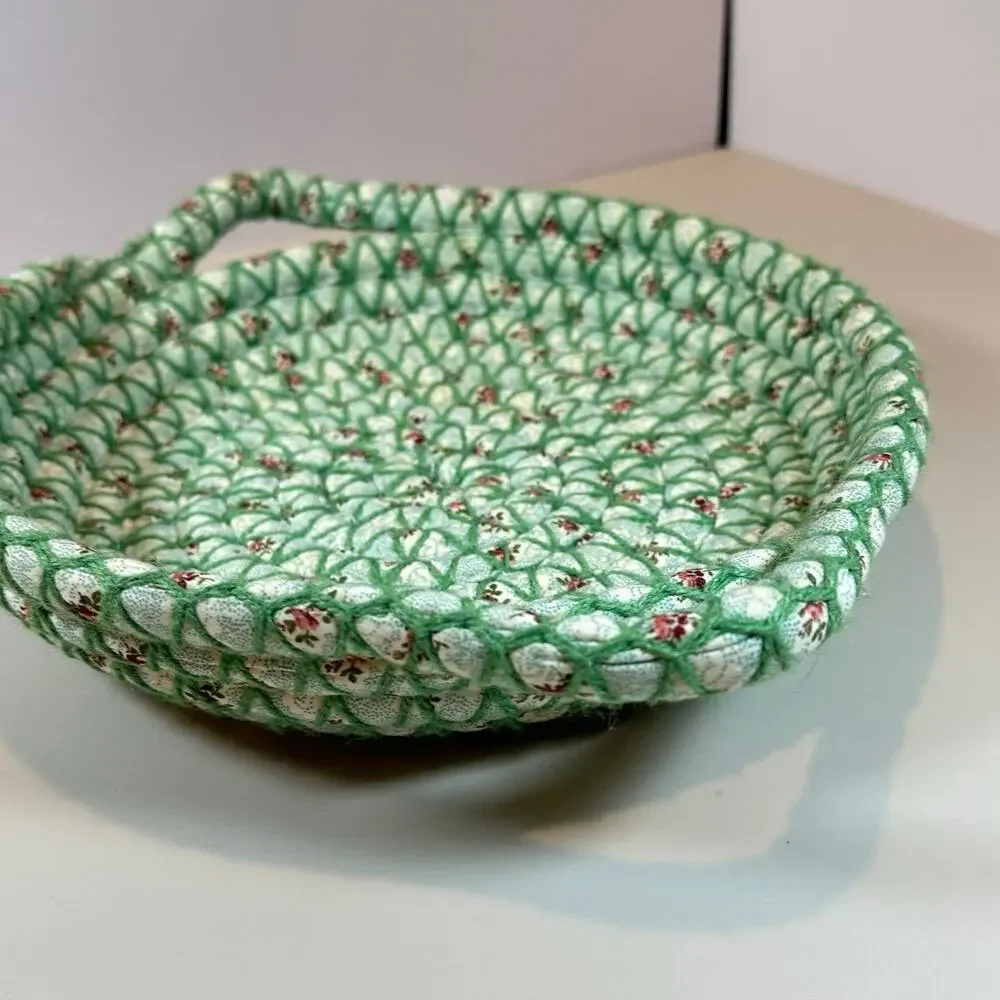 Woven Coiled Fabric Bread Bun Basket Handles Green Floral Rustic Shabby Chic